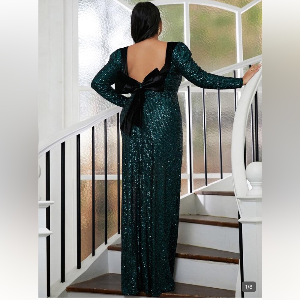 Plus Backless Bow Back Split Thigh Sequin Prom Dr… - image 2
